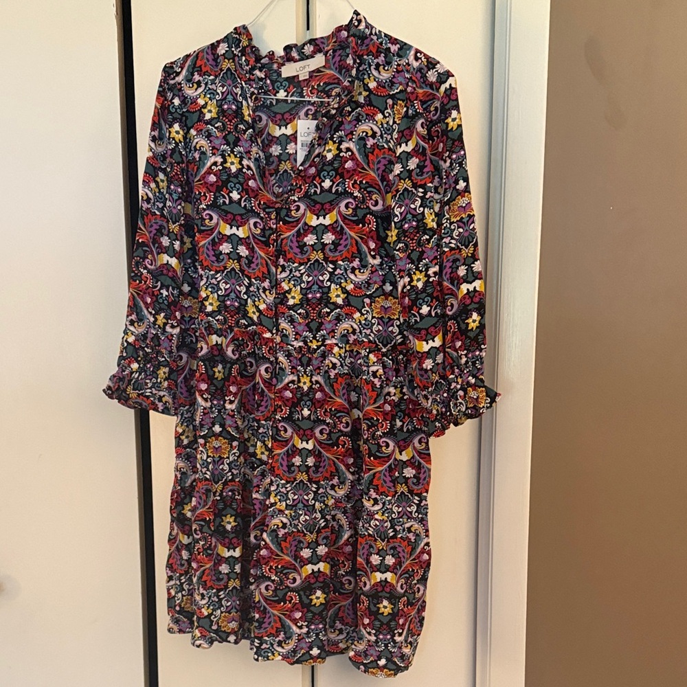 LOFT Floral Paisley Dress with Ruffle Sleeves